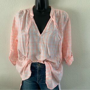 Fresh Produce Gingham Tunic Top Peach Size M/L Medium Large Plaid Cotton BOHO